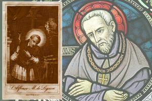 Background: Stained-glass window of St. Alphonsus Liguori in the Chapel of Our Lady of the Rosary, Wenkhausen, Germany. Inset: Devotional print of St. Alphonsus Liguori, early 1800s.
