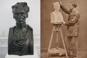 Left: Auguste Rodin’s sculpture of St. Peter Julian Eymard. Right: Auguste Rodin works on the sculpture in 1863.
