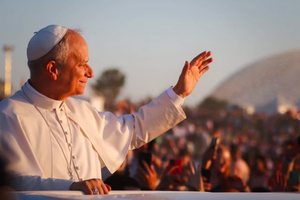 Pope Leo XIV greets thousands of youth and pilgrims ahead of a vigil at Tor Vergata, Rome, Saturday, Aug. 2, 2025.