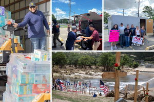 Upper right: Volunteers at Notre Dame Catholic Church, Kerrville, Texas, rally to help people in need. At left: Donations arrive from the Diocese of Dallas Catholic schools for flood victims. Lower right: A memorial for flood victims with crosses lines the waterfront of the Guadalupe River. Upper right: Volunteers at Notre Dame Catholic Church, Kerrville, Texas, rally to help people in need. At left: Donations arrive from the Diocese of Dallas Catholic schools for flood victims. Lower right: A memorial for flood victims with crosses lines the waterfront of the Guadalupe River.