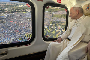 Pope Leo XIV approaches Tor Vergata in Rome by helicopter on Saturday, Aug. 2, 2025.