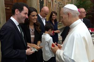 Pope Leo XIV greets Colm and Paola Flynn during the Jubilee of Youth.