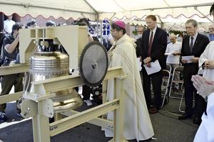 Archbishop Michiaki Peter Nakamura blesses a bronze bell, the ‘Kateri Bell of Hope,’ during a ceremony in which Kojiro Moriuchi (r), whose father was an atomic- bomb victim, and professor James Nolan Jr. of Williams College in the United States, attend at the Nagasaki Immaculate Conception Cathedral, known as the Urakami Cathedral, in Nagasaki, Japan, on July 17, 2025. Professor Nolan, the grandson of a doctor who had participated in the Manhattan Project, spearheaded the effort for the bronze bell, which is almost identical to the one destroyed in 1945. Archbishop Michiaki Peter Nakamura blesses a bronze bell, the ‘Kateri Bell of Hope,’ during a ceremony in which Kojiro Moriuchi (r), whose father was an atomic- bomb victim, and professor James Nolan Jr. of Williams College in the United States, attend at the Nagasaki Immaculate Conception Cathedral, known as the Urakami Cathedral, in Nagasaki, Japan, on July 17, 2025. Professor Nolan, the grandson of a doctor who had participated in the Manhattan Project, spearheaded the effort for the bronze bell, which is almost identical to the one destroyed in 1945.