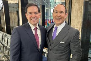 Secretary of State Marco Rubio and EWTN host Raymond Arroyo pose for a photo before the interview on August 7, 2025.
