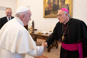 Pope Francis greets Bishop Nicholas DiMarzio of Brooklyn at the Vatican during the USCCB’s Region II ad limina visit on Nov. 15, 2019.