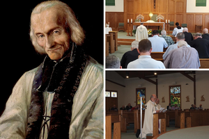 Priests of the Diocese of Fall River join Bishop Edgar da Cunha (above, lower right) in their consecration to St. John Vianney (portrait at left) on Aug. 4, the feast day of the patron of parish priests.
