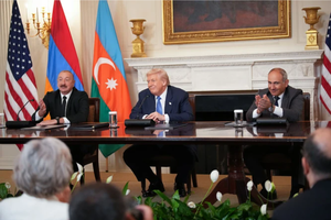 President Donald Trump answers questions during a signing ceremony with Azerbaijani President Ilham Aliyev (left) and Armenian Prime Minister Nikol Pashinyan (right) in the State Dining Room of the White House on Aug. 8, 2025, in Washington, D.C. The agreement signed during the ceremony is intended to bring an end to the conflict between Armenia and Azerbaijani that has lasted for decades.