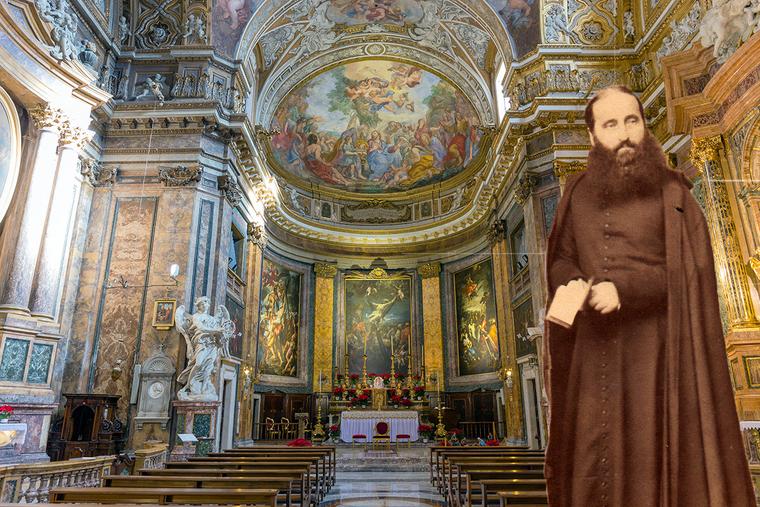 Alphonse Ratisbonne in 1865, with the interior of Sant’Andrea delle Fratte in the background