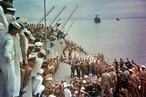 The surrender of Japan is formalized aboard the USS Missouri in Tokyo Bay on Sept. 2, 1945, marking the end of World War II. Gen. Douglas MacArthur stands at the center as representatives of the Allied nations sign the Instrument of Surrender.