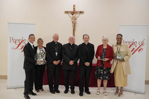 From left to right: Daniel Marker, Susan Young, Bishop Chad W. Zielinski of New Ulm, Bishop Daniel Thomas of Toledo, Bishop Michael Burbidge of Arlington, Judy Haag, and Valerie Washington.