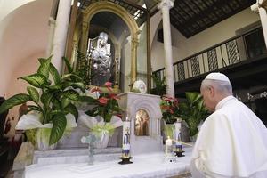 Pope Leo XIV prays at the Marian shrine at Mentorella on Aug. 19, 2025.