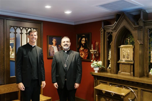 Father Charles Gallagher, pastor of Immaculate Conception Catholic Church in Washington, D.C., with Auxiliary Bishop Juan R. Esposito-Garcia at the blessing of the Frassati Chapel on Aug. 9, 2025.