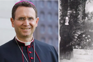 L to R: Bishop Andrew Cozzens of Crookston, Minnesota; Sister Annella Zervas entered the Order of St. Benedict in St. Joseph at age 15 in August 1915. She made her perpetual vows in 1922 and worked as a music teacher until a peculiar skin disease eventually made it impossible. 