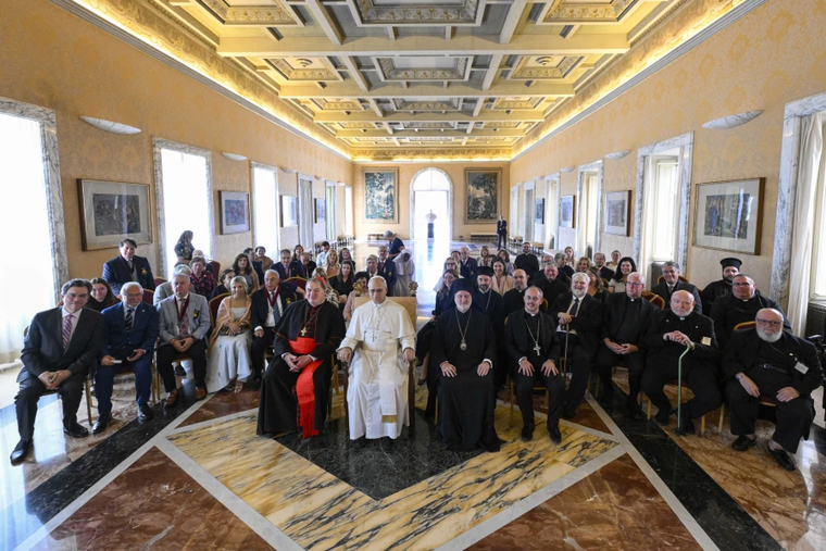 Pope Leo XIV meets with a U.S. ecumenical group led by Cardinal Joseph Tobin and Greek Orthodox Archbishop Elpidophoros of America on July 17, 2025, at the Vatican.