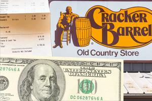 A check displays the author’s $100 total at Cracker Barrel