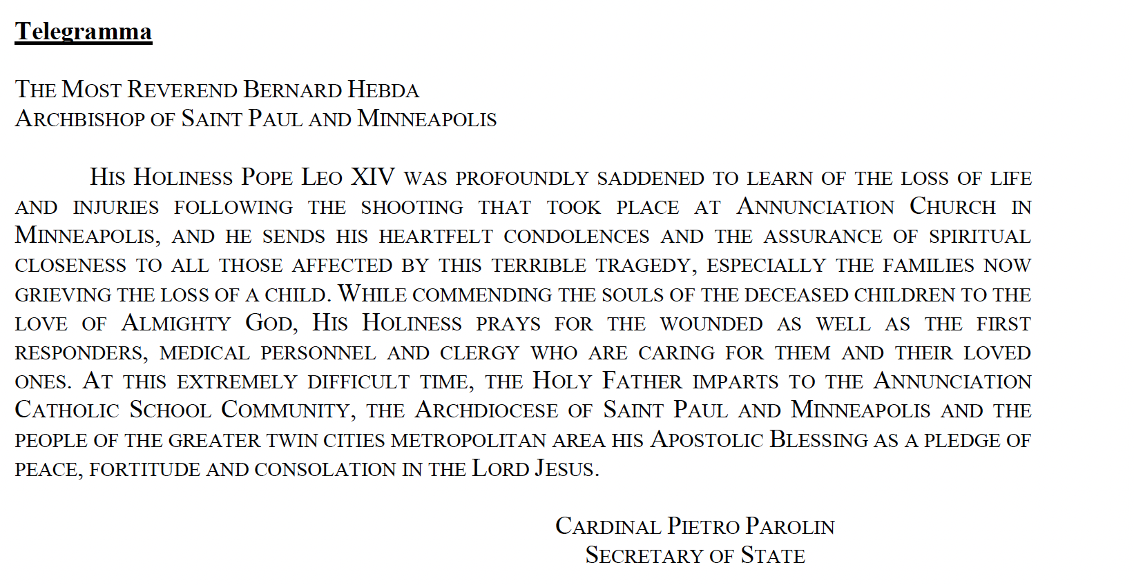 Pope telegram