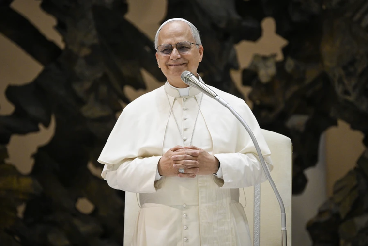 Pope Leo XIV speaks to pilgrims at the general audience in the Paul VI Audience Hall, Vatican City, Wednesday, Aug. 27, 2025.