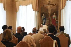 Pope Leo XIV addresses a delegation of political representatives and civic leaders from the Diocese of Créteil, France, on Aug. 28, 2025, at the Vatican.