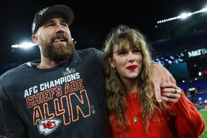 Travis Kelce and Taylor Swift at M&T Bank Stadium in Baltimore on Jan. 28, 2024.