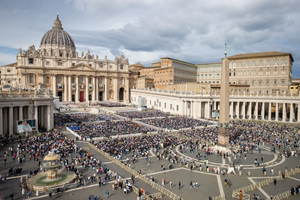 Pilgrims gather in St. Peter’s Square for a Mass and canonization of 14 new saints on Sunday, Oct. 20, 2024.
