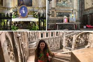 Clockwise from upper left: Pier Giorgio Frassati’s tomb in Turin’s cathedral; relic and portrait of Carlo Acutis on display at his home parish, Santa Maria Segreta, in Milan. Reporter Courtney Mares at the cathedral in Milan.