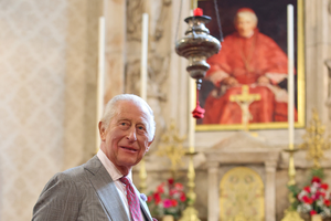 Britain's King Charles III tours the Oratory of St. Philip Neri on Sept. 3, 2025. He viewed the belongings and rooms of St. John Henry Newman, who is seen in the Sir John Everett Millais 1881 portrait in the background.