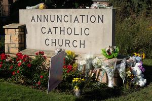 A  memorial to school shooting victims sits in front of Annunciation Catholic Church on August 28, 2025 in Minneapolis, Minnesota. 