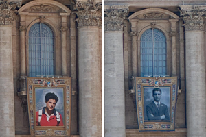 The banners of (L to R) Carlo Acutis and Pier Giorgio Frassati hang in St. Peter’s Square, awaiting their Sept. 7 canonizations.