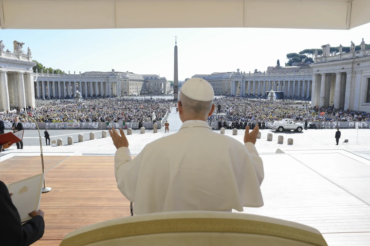 Pope Leo XIV addresses a crowd during a Jubilee audience in St. Peter’s Square at the Vatican, Saturday, Sept. 6, 2025.