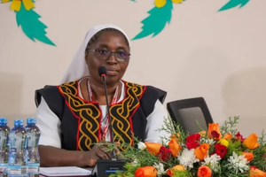 Sister Gisela Rfanyu Shey speaks at the second African Women Theologian Conferece on Sept. 3, 2025, saying that to realize synodality in Africa, the Church should prioritize counseling amid the myriad of scars, including those of colonialism, war, ethnic conflict, poverty, disease, and systemic injustices.