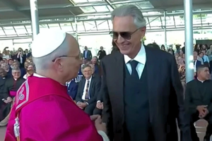 Pope Leo XIV greets Italian singer Andrea Bocelli at the inauguration of the Laudato Si’ ecological village at Castel Gandolfo, Italy, on Sept. 5, 2025.