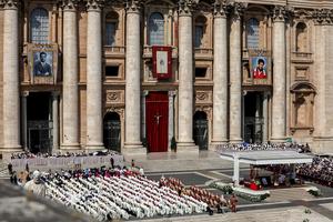 Pope Leo XIV presides over the canonizations of Pier Giorgio Frassati and Carlo Acutis in St. Peter’s Square on Sept. 7, 2025. 
