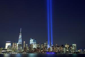 Memorial lights commemorate the terrorist attacks of Sept. 11, 2001.