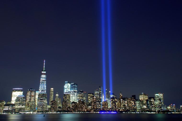 Memorial lights commemorate the terrorist attacks of Sept. 11, 2001.