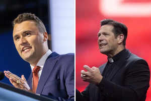 Charlie Kirk of Turning Point, USA. Father Mike Schmitz speaks at the National Eucharistic Congress at Lucas Oil Stadium in Indianapolis on July 18, 2024.