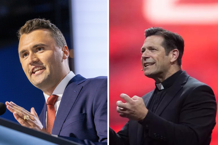 Charlie Kirk of Turning Point, USA. Father Mike Schmitz speaks at the National Eucharistic Congress at Lucas Oil Stadium in Indianapolis on July 18, 2024.