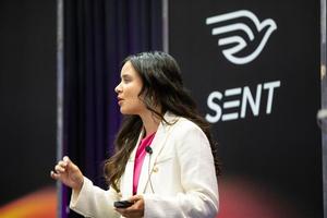 Myah Abraham, the founder of Right to Know, pitches her company's pro-life women's health app at the 4th annual SENT Summit Pitch Competition at the University of Notre Dame on Sep. 10. 