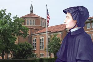 Amabilia Filicchi, “Portrait of St. Elizabeth Ann Seton,” 1888. Background: The Basilica of the National Shrine of St. Elizabeth Ann Seton in Emmitsburg, Maryland.
