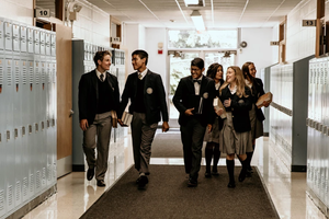 A group of students at Chesterton Academy of the Holy Family in Lisle, Illinois, in 2024. The Chesterton School Network is a network of “joyfully Catholic classical high schools where students grow in faith, virtue, and friendship.”