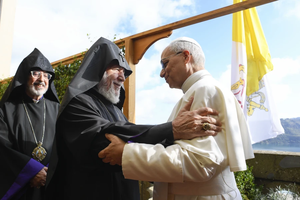 Pope Leo XIV meets with Catholicos Karekin II, the patriarch of the Armenian Apostolic Church, at Villa Barberini, the papal residence overlooking Lake Albano in Castel Gandolfo, Italy on Tuesday, Sept. 16, 2025.