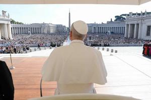 Pope Leo XIV presides over his weekly general audience in St. Peter’s Square at the Vatican on Sept. 17, 2025. 