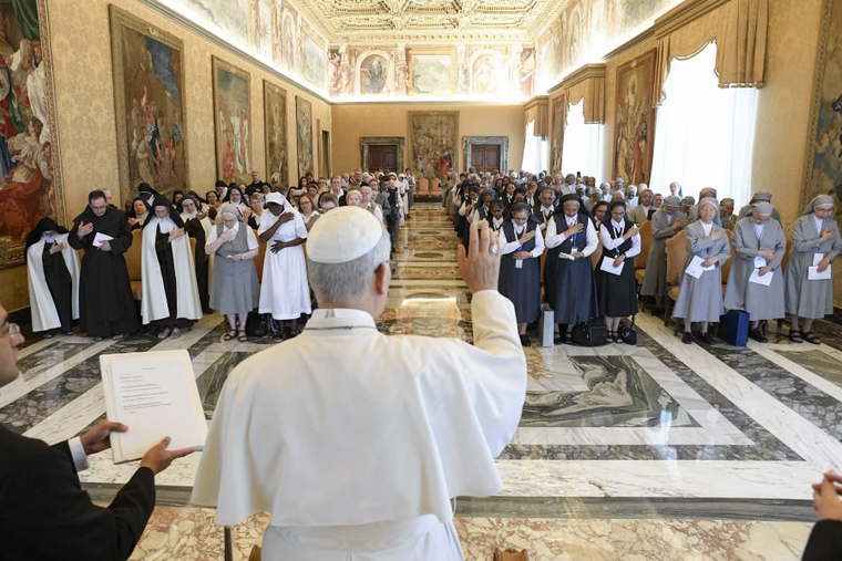 Pope Leo XIV meets with representatives of several women’s religious orders in the Vatican’s Apostolic Palace on Sept. 22, 2025.