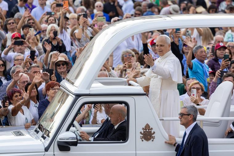 Pope Leo XIV waves to pilgrims gathered for his weekly general audience on Sept. 17, 2025, in St. Peter’s Square at the Vatican. 