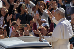 Pope Leo XIV greets pilgrims gathered in St. Peter's Square at the Vatican on September 27, 2025.
