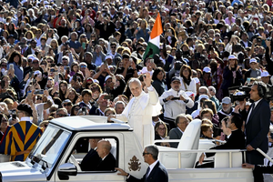 Pope Leo XIV greets an audience at the Jubilee of Catechists at the Vatican, Saturday, Sept. 27, 2025.