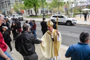 Archbishop of Philadelphia Nelson J. Perez speaks to members of his congregation at the Cathedral Basilica of St. Peter and St. Paul following a special Mass for Pope Francis on April 21, 2025, in Philadelphia.