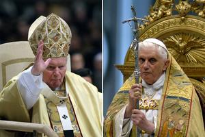 Pope St. John Paul II celebrates Mass in St. Peter’s Basilica on Dec. 25, 2004; Pope Benedict XVI is pictured in the basilica on Nov. 25, 2007.