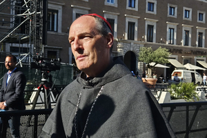 Cardinal François-Xavier Bustillo stands outside St. Peter’s Square after the conclave that elected Pope Leo XIV.