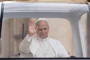 Pope Leo XIV waves to pilgrims gathered in St. Peter’s Square at the Vatican for his general audience on Sept. 24, 2025. 