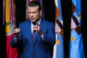 U.S. Secretary of War Pete Hegseth speaks to senior military leaders at Marine Corps Base Quantico on Sept. 30, 2025 in Quantico, Virginia. 